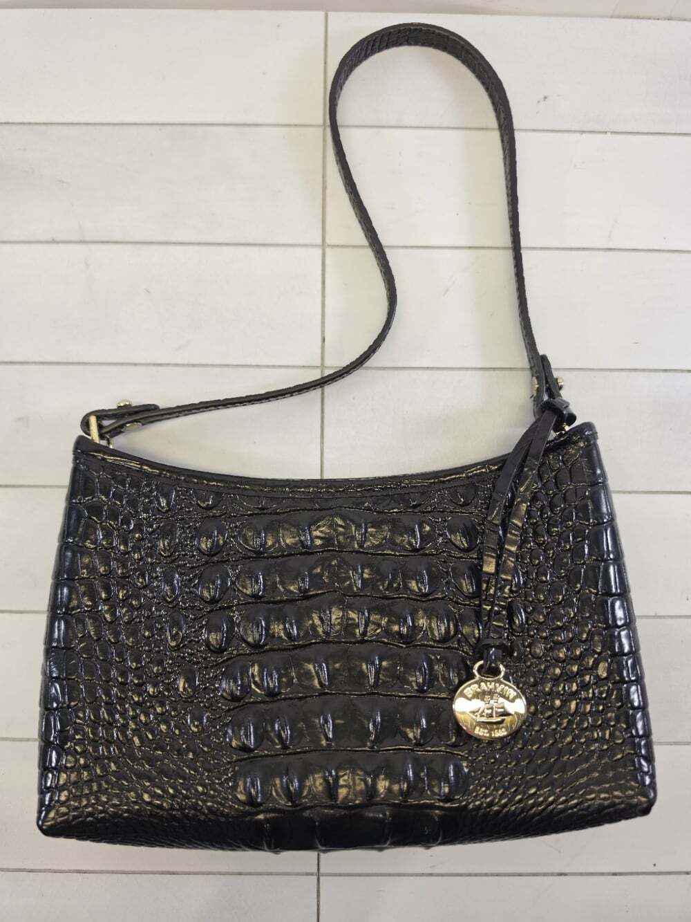 Brahmin Black Anytime Mini Melbourne Crocodile Leather Shoulder Bag